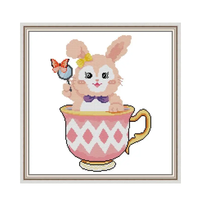 Coffee Cup Bunny Cross Stitch Kit, Bird, Winter, Snow, 18CT, 14CT, 11CT, Count, Embroidery, DIY Handmade Needlework Craft