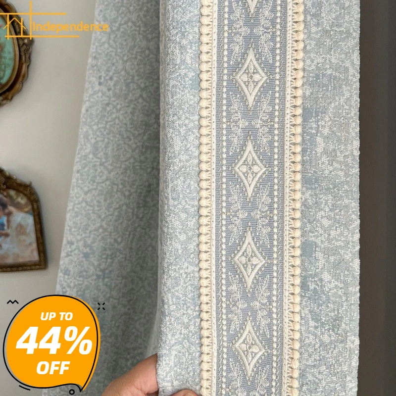 Blue Green Lace Embroidery Stitching Blackout Chenille Curtains for Living Room Bedroom French Window Customized Finished