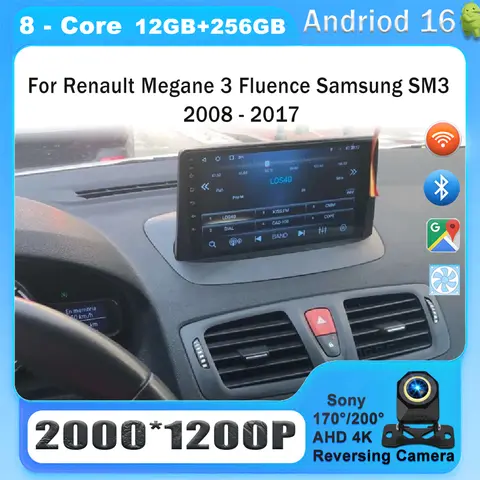 Android 16 For Renault Megane 3 Fluence Samsung SM3 2008 - 2014 Car Radio Multimedia Video Player Navigation GPS Carplay QLED 4G