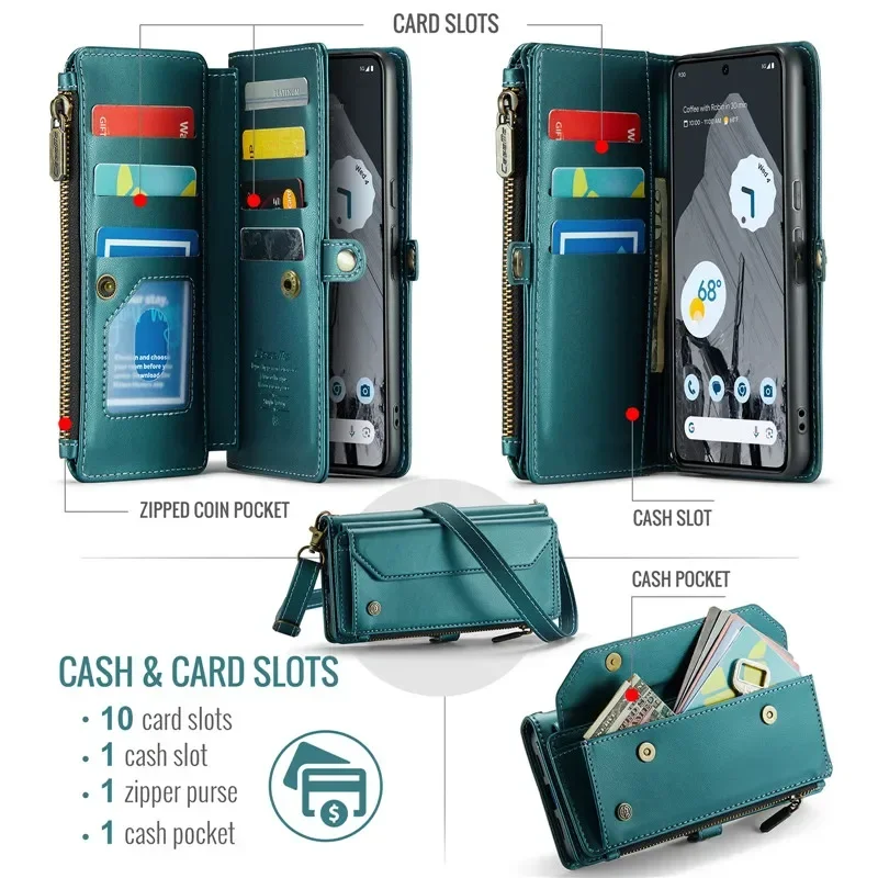 

Crossbody Lanyard Leather Phone Case For Google Pixel 10 9 Pro XL 9A 9A 8 7A Zipper Wallet Card Flip Stand Cover Bag