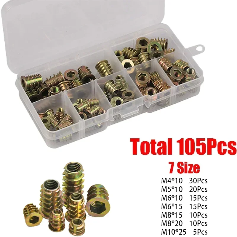 

105pcs Hex Drive Head Flang Furniture Nut For Wood Thread Insert Hexagon Nutsert Zinc Plated Assortment Kit M4 M5 M6 M8 M10