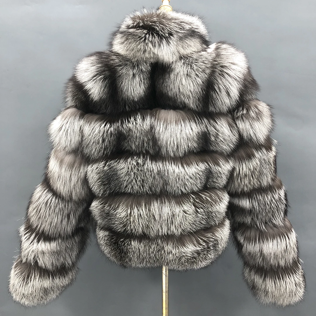 MISSJANEFUR 2022 Luxury Silver Fox Fur Jackets Women Thick Warm Full Sleeve Real Natural Fur Bomber Jackets Winter Outerwear