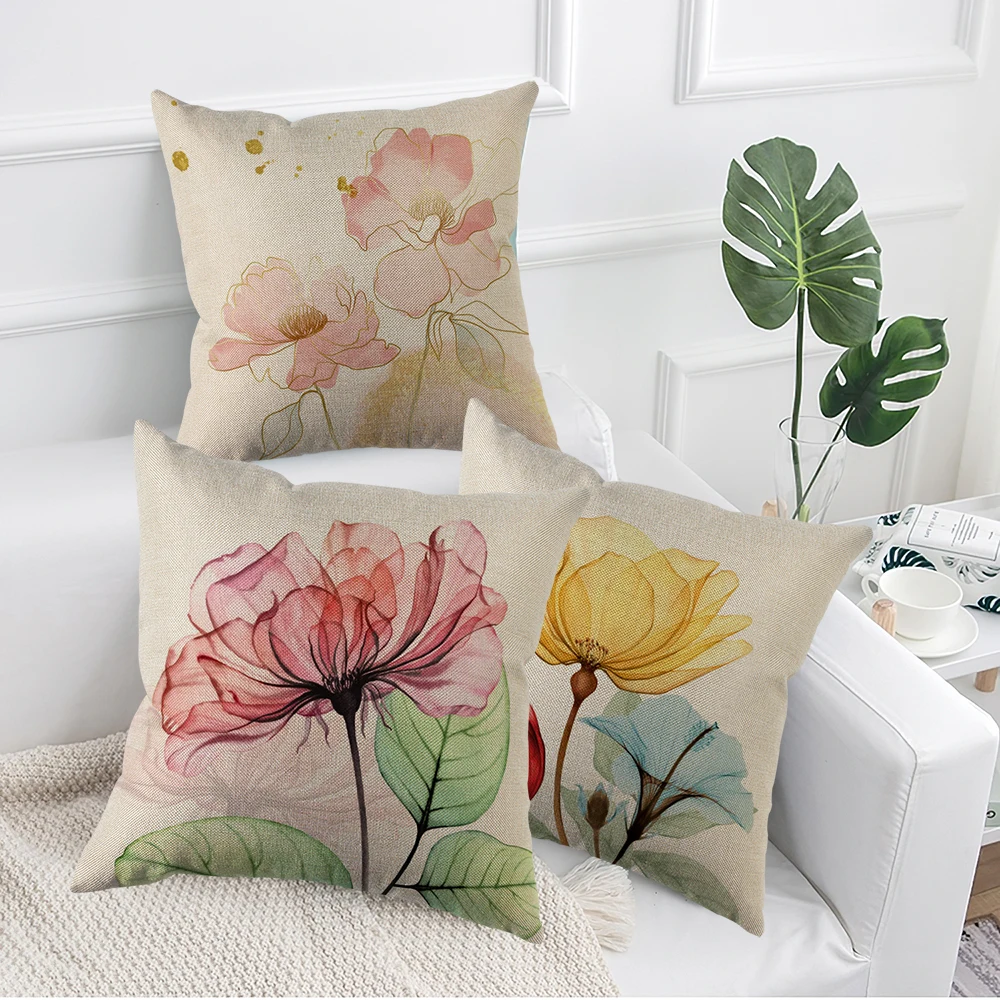 Rosa-gelbe Blumen-Kissenbezüge, Leinen-Kissenbezüge für Heim- und Outdoor-Sofadekoration (17,71 Zoll/45 cm)