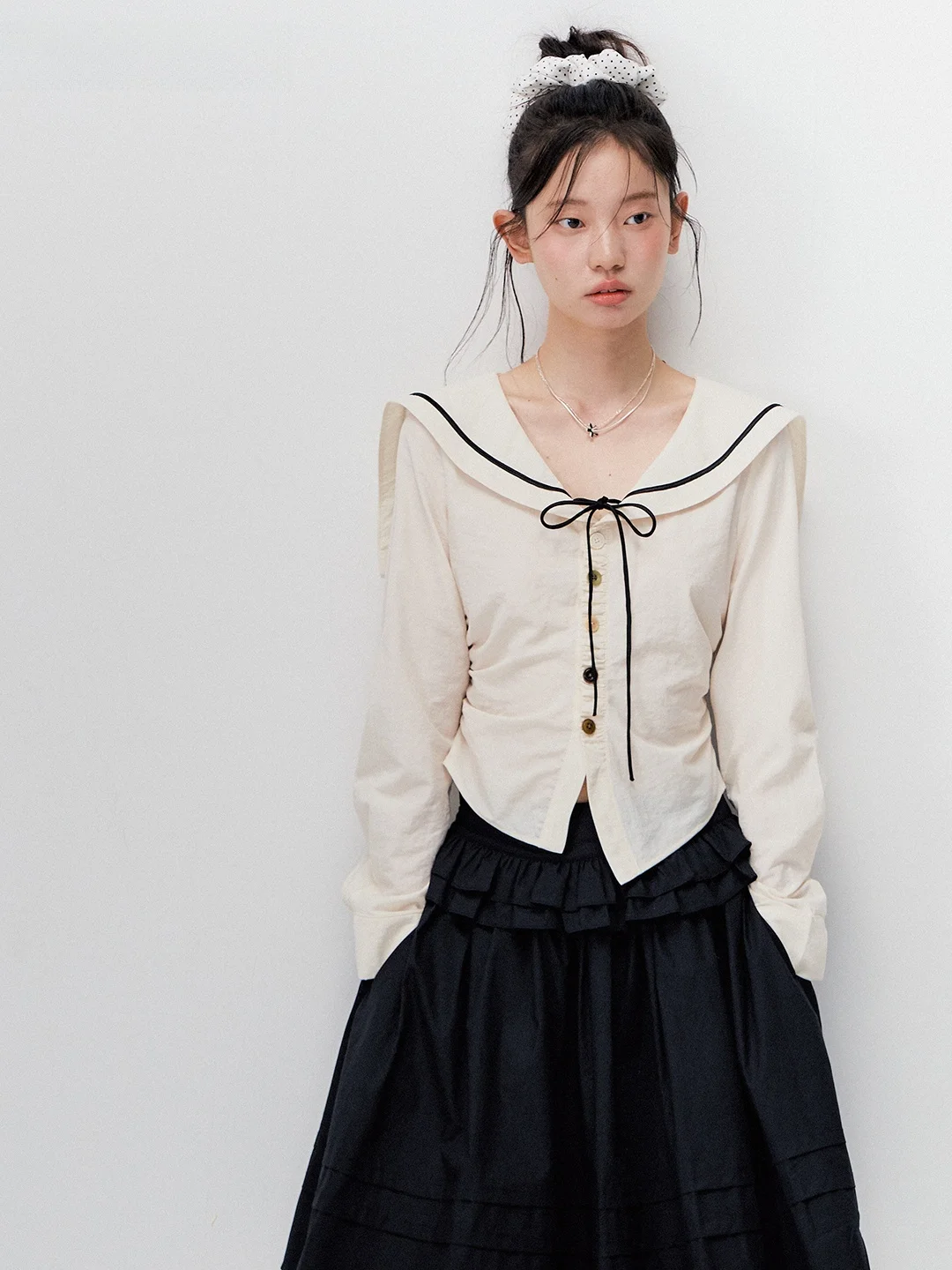 

Annatto Original Style Navy Collar Irregular Long Sleeve Base Shirt Elegant Beige Casual Fashion Set for Teen Girls Autumn Wear