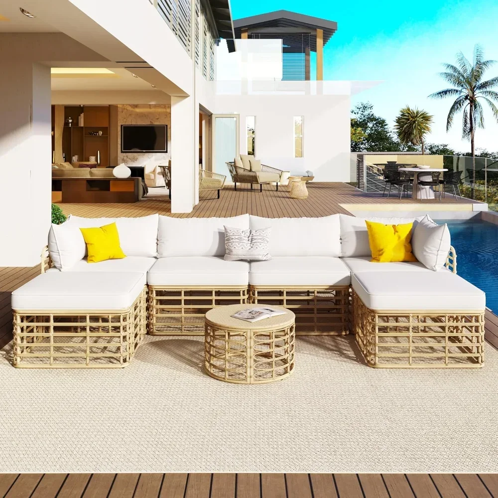 

7 Pieces Outdoor Patio Furniture Sectional Sofa Set with Coffee Table, All-Weather Rattan Set with Thick Cushions and Pillows
