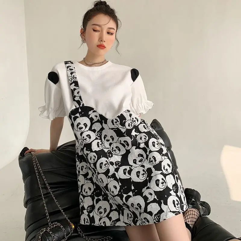 Fashion O-Neck Printed Spliced Fake Two Pieces Midi Dress Female Clothing 2024 Summer New Loose Butterfly Sleeve Casual Dress