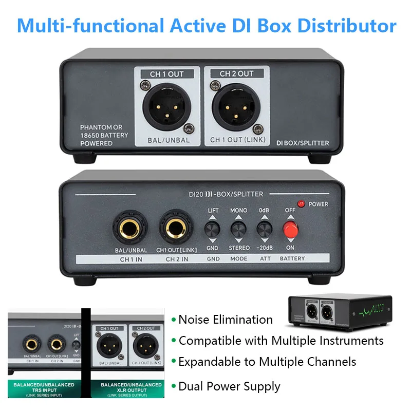 Multi-functional Active DI Box Distributor Dual-Channel Balanced/Unbalanced Signal Converter