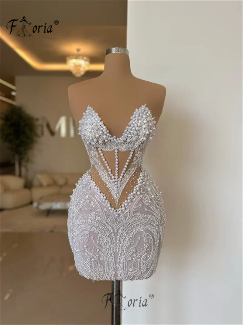 Sexy Pearls Lace Cocktail Dress Beaded V Neck Short Prom Dresses Special Party Gown vestidos de fiesta elegantes para mujer2024