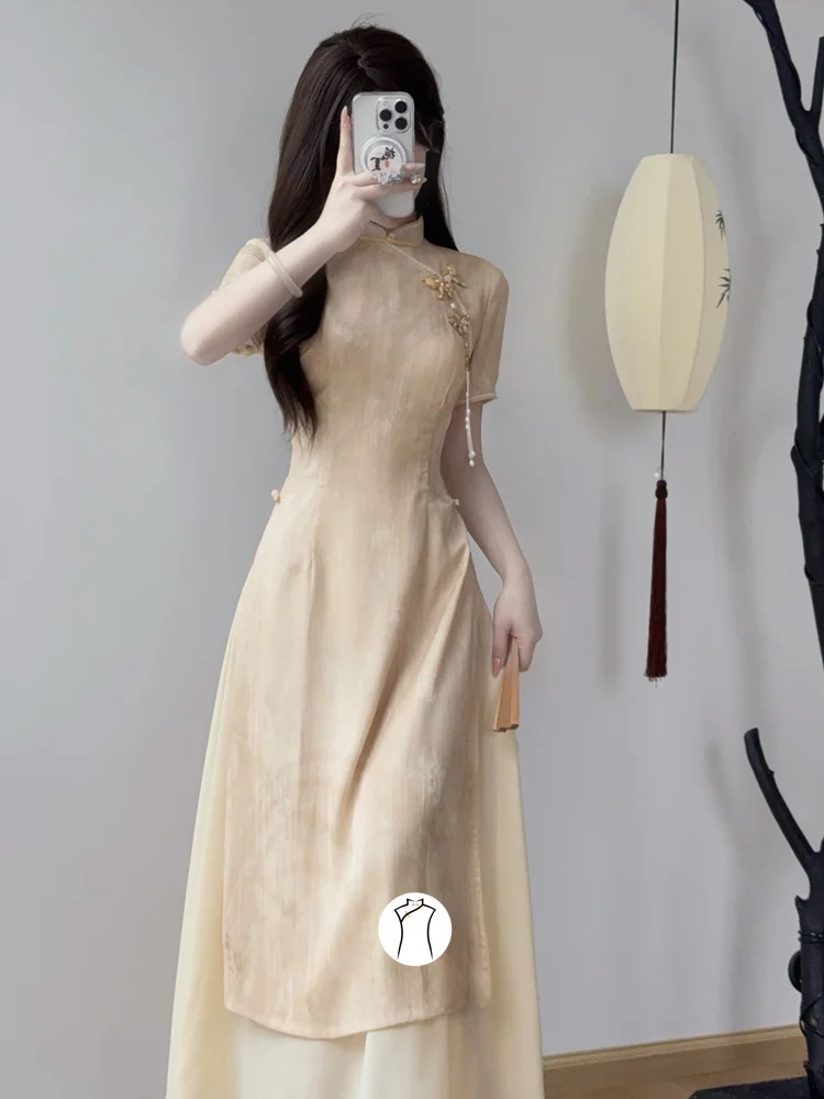 

Желтый Qipao Long New Chinese Sle Красивая Аосфера Reformed Дышащий ort Sve Цветочная вышивка Повседневная одежда