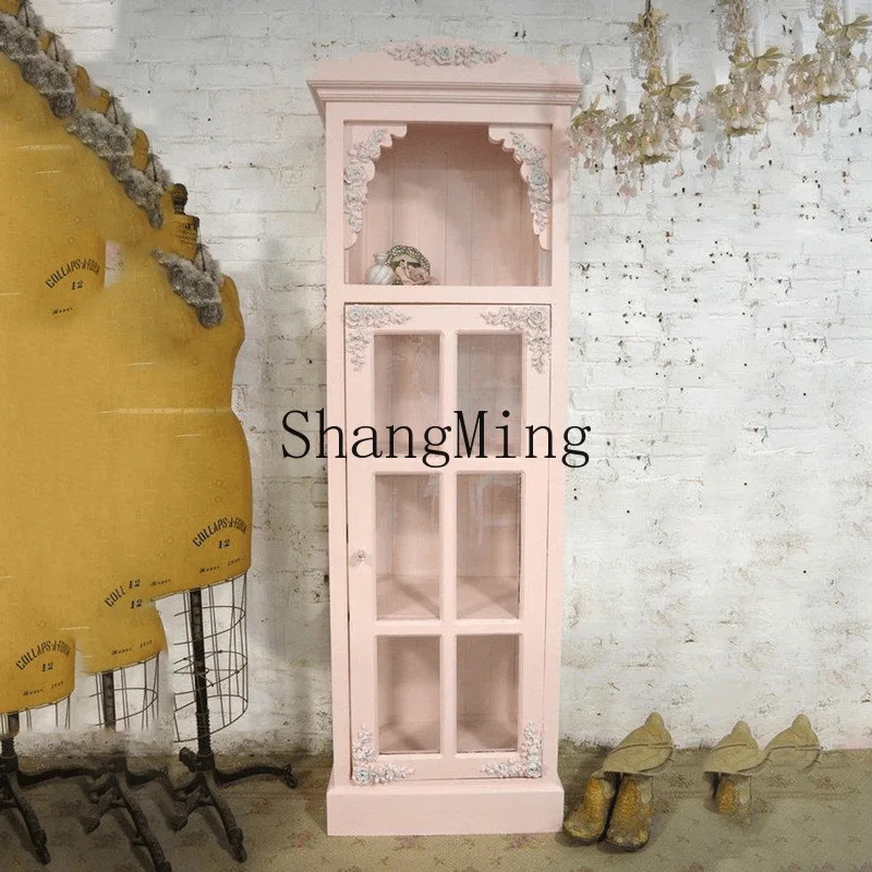 

FG Retro Solid Wood Wine Cabinet Living Room Glass Door Display Carved Decorative Single Door Storage Cabinet