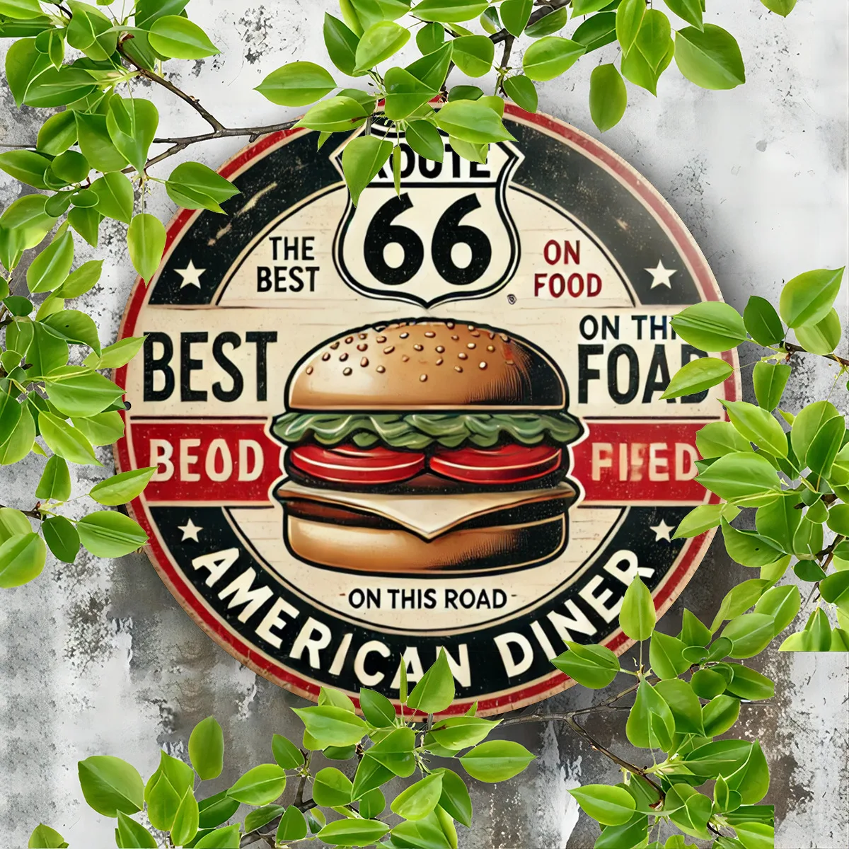 1pc Route 66 Vintage American Diner Metal Sign, 2D Flat Printed Iron Wall Decor, Retro Roadside Food Advertisement Plaque