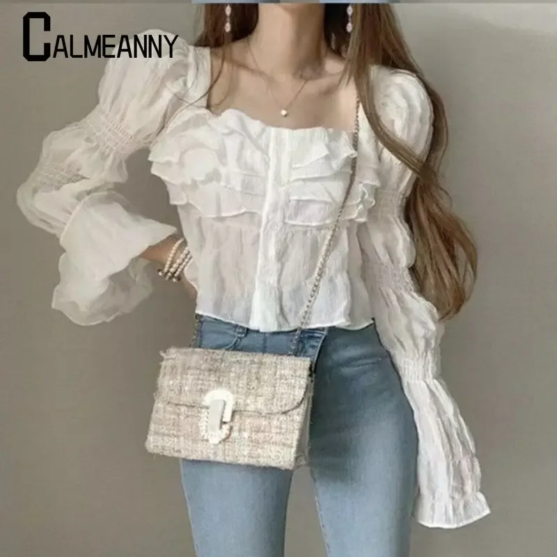 2023 Autumn Kroean Edition Chiffon Casual Loose Personality Square Collar Lotus Flare Falbala Sleeve Women's Shirt Fresh Wind