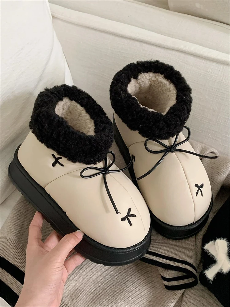 Trendy Fleece Lined Short Snow Boots for Women  Knot Cotton Shoes Warmth Winter Fashion Sweet Style Youth Footwear