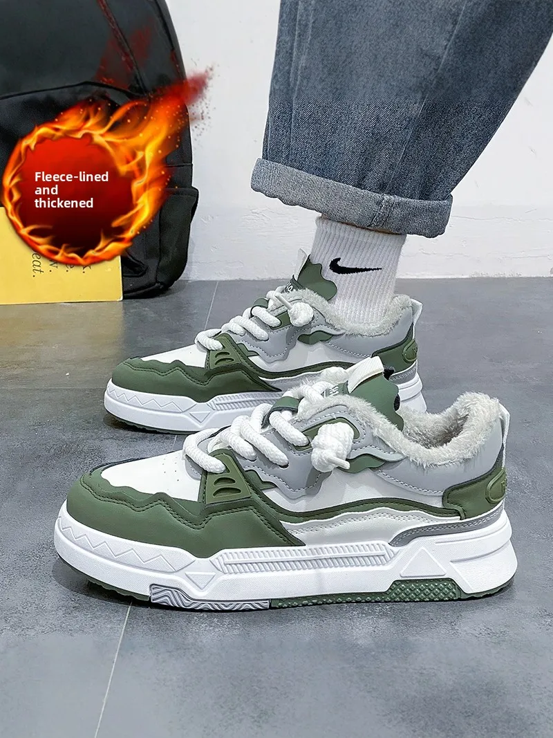Men's Winter Fleece Lined Sports Shoes Youth Casual Slip-On Rubber Outsole Warm Comfortable Trendy Outdoor Leisure Footwear
