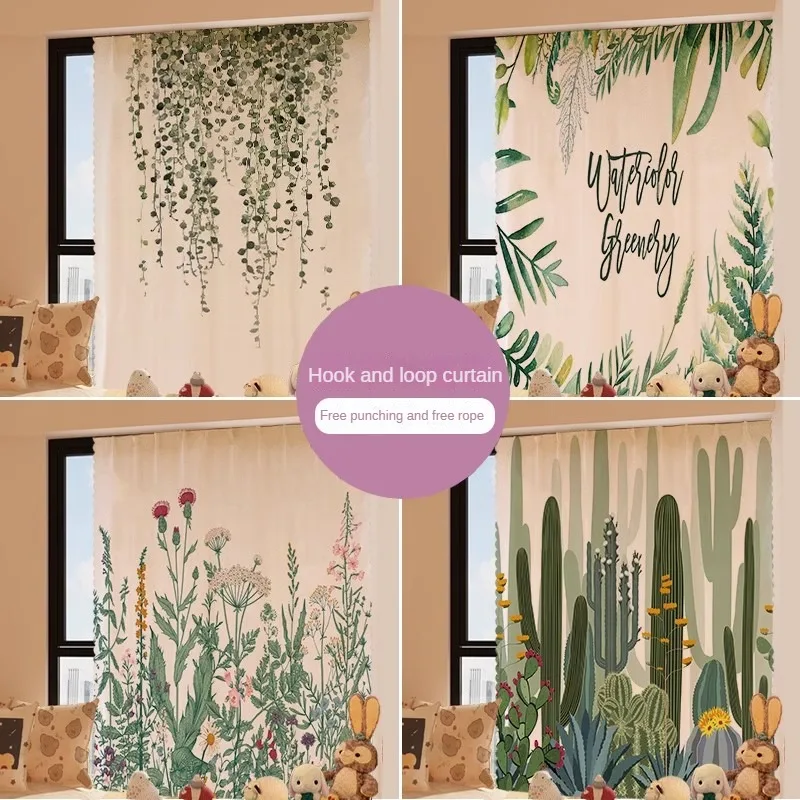 

Fresh Green Plant Pasted Curtain Easy To Install Without Punching Holes Cabinet Dustproof Shading Fabric Bedroom Shading Curtain