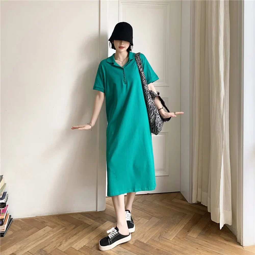 Women Polo Dress Clothes For Lady 2024 Summer Solid Color Korean Fashion Casual Loose Short Sleeve Long T-shirt Dresses New