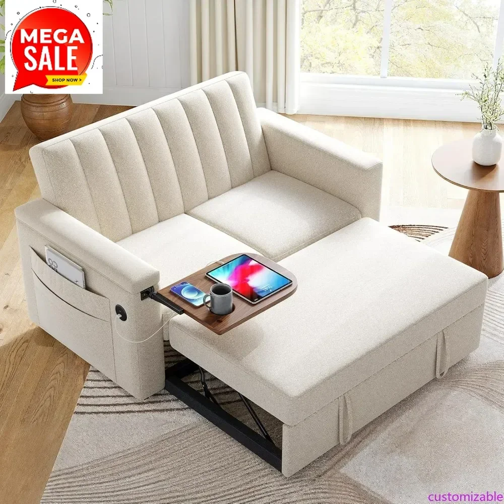 Hot-sellingMarsail 3-Way Sofa Bed, 54 Sleeper Couch with Wooden Side Table and Frame, Pull-Out Couch with USB Ports and Side Poc