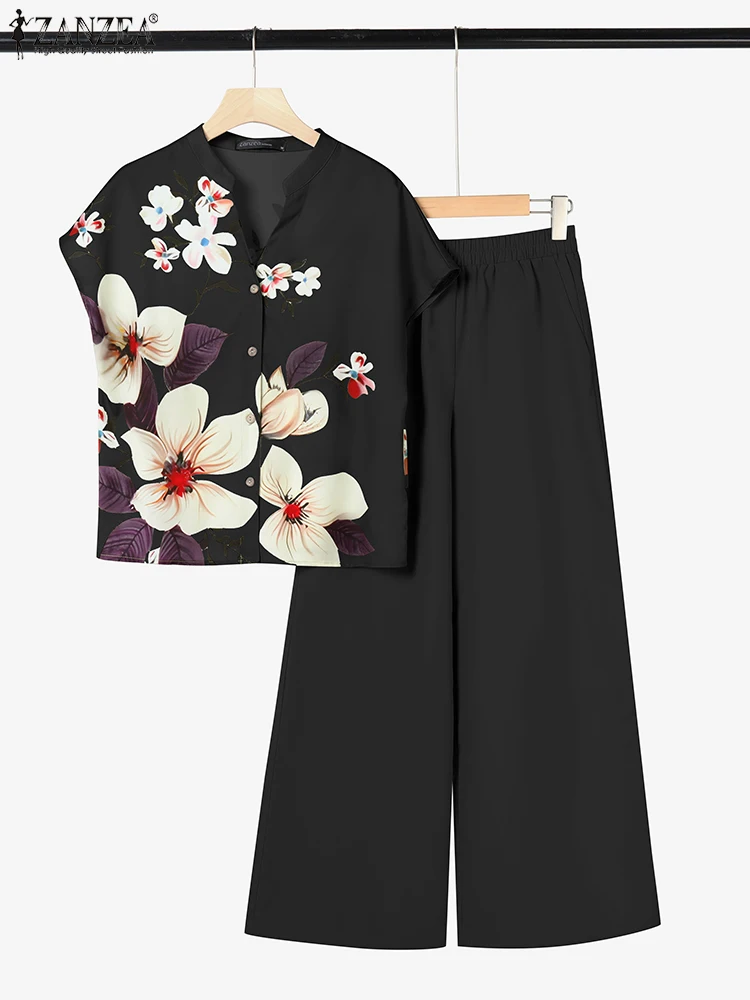 ZANZEA 2025 Baju Olahraga Cetak Musim Panas Set Cocok Wanita Blus Lengan Pendek Elegan Set Celana Kaki Lebar 2 Potong Pakaian Kasual