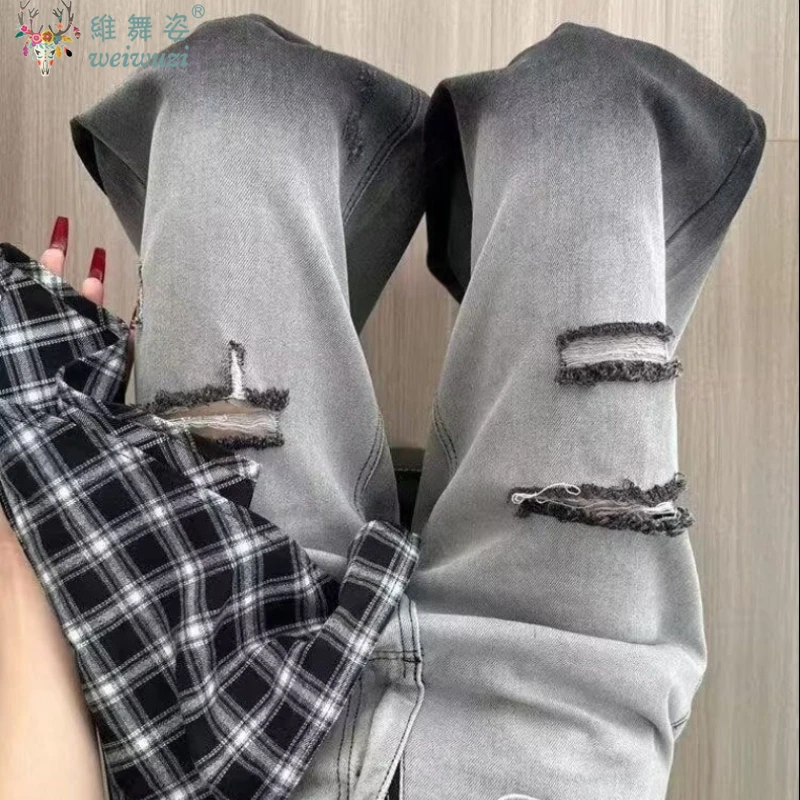Dżinsy damskie z gradientem kolorów, szerokie nogawki, luźne spodnie z wysokim stanem, podarte spodnie z kieszeniami, jesienne spodnie codzienne, streetwear Y2K