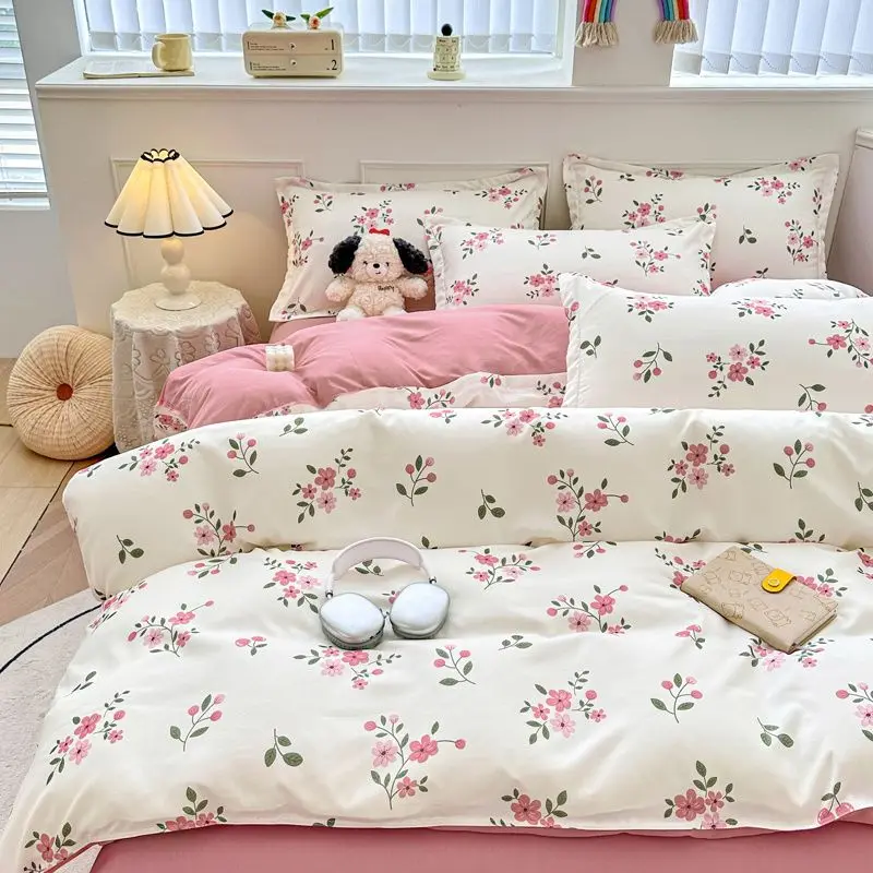 White Pink Bedding Set Ins Floral Twin Queen Size Duvet Cover Flat Sheet Pillowcase No Filler Girl Boy Home Dormitory Bed Linens