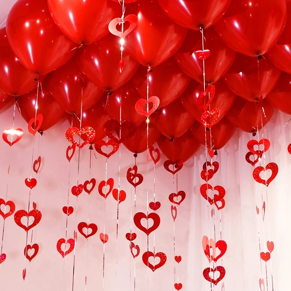 100/200pcs Red Heart Laser Sequined Rain Balloon Pendant Garland Valentine's Day Wedding Birthday Party Decoration Balloon Acces