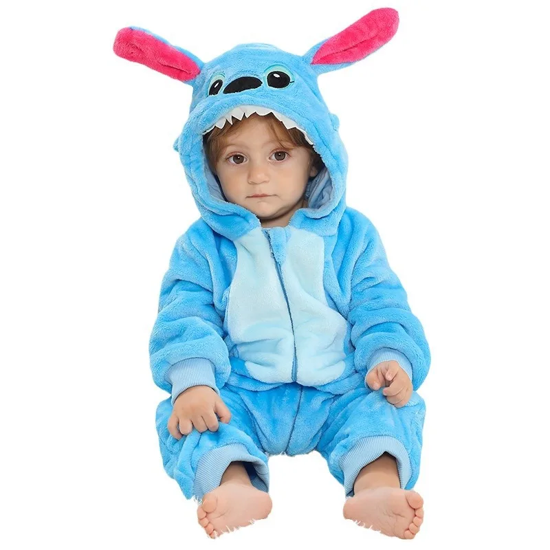 Disney Cartoon Stitch Children One-Piece Flannel Jumpsuits Crawling Suit Autumn Long Sleeve Rompers Baby Girl Outfit Set