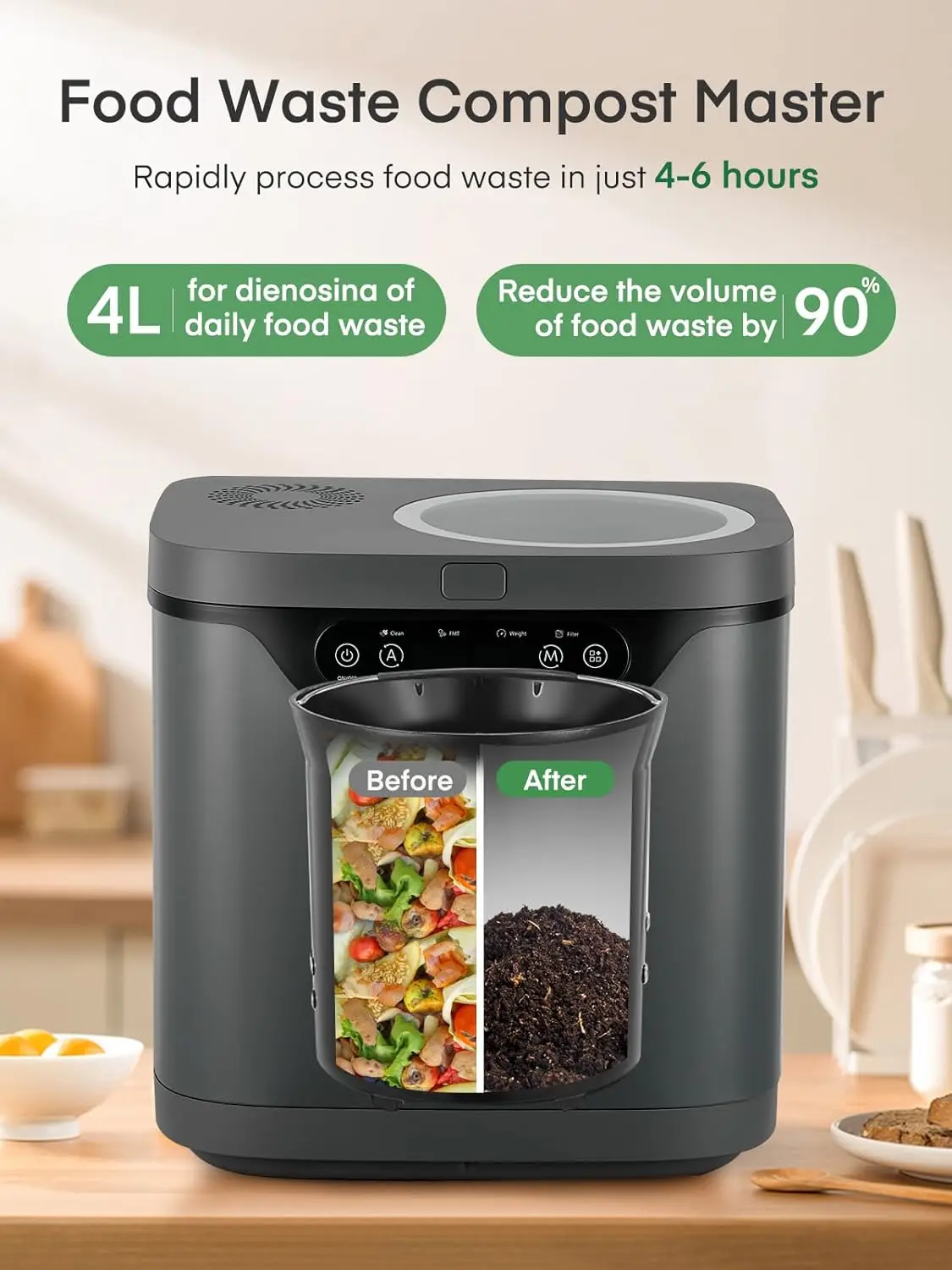 4L Electric Kitchen Composter with LED Display, Auto-Clean, Odorless and Low Noise for Indoor Use