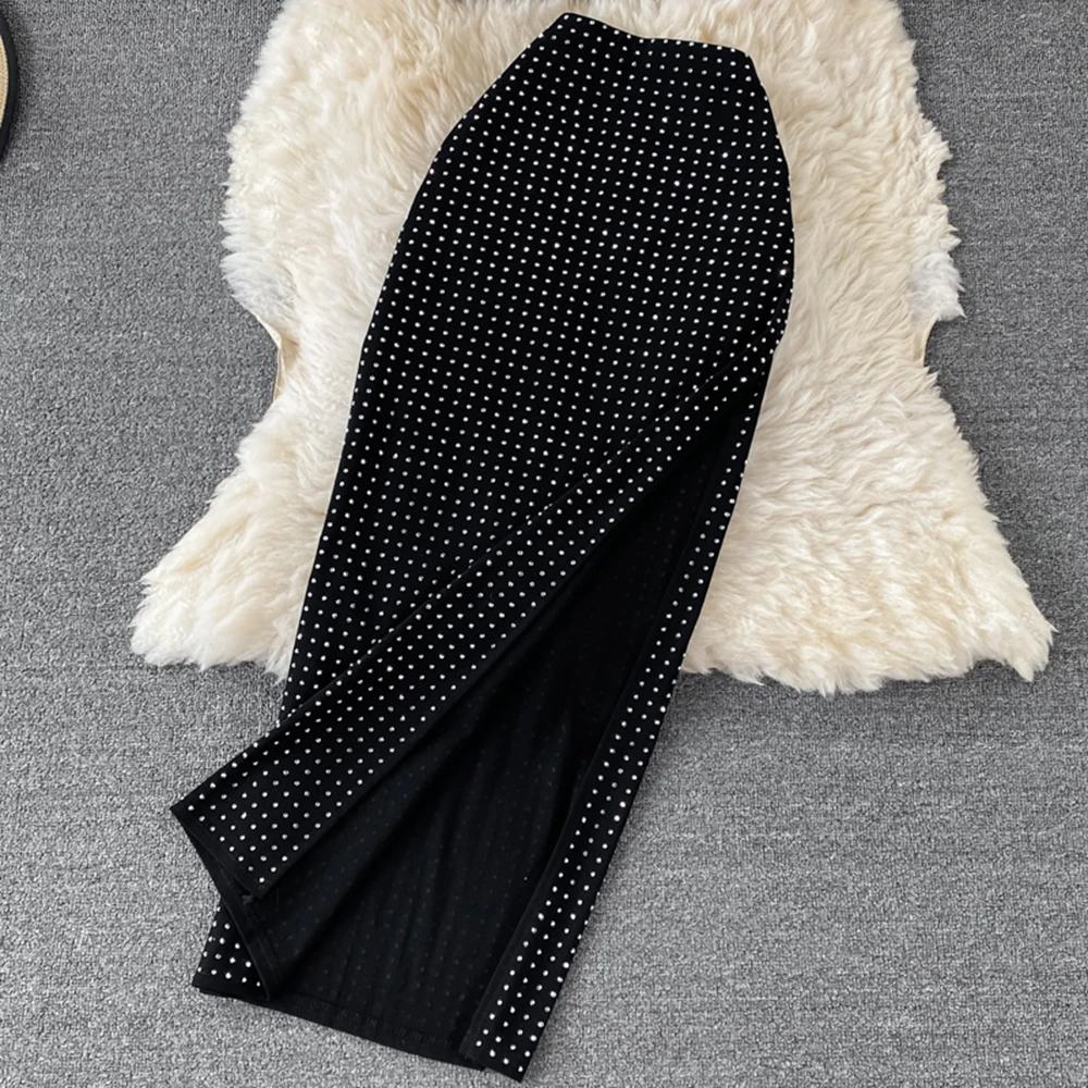 Elegant Black Diamond Studded 2piece Set Women's Spring Summer Sleeveless O-neck Short Top+Elastic Slim Fit Forked Long Skirt