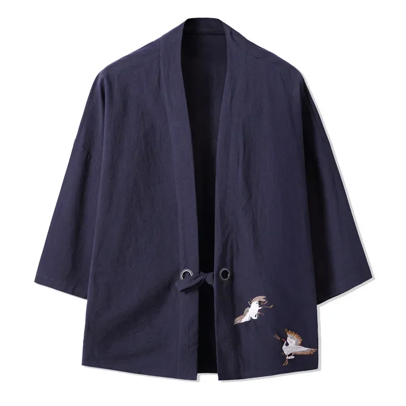 Men's Crane Embroidered Linen Jacket Fashion Linen Kimono Japanese Style