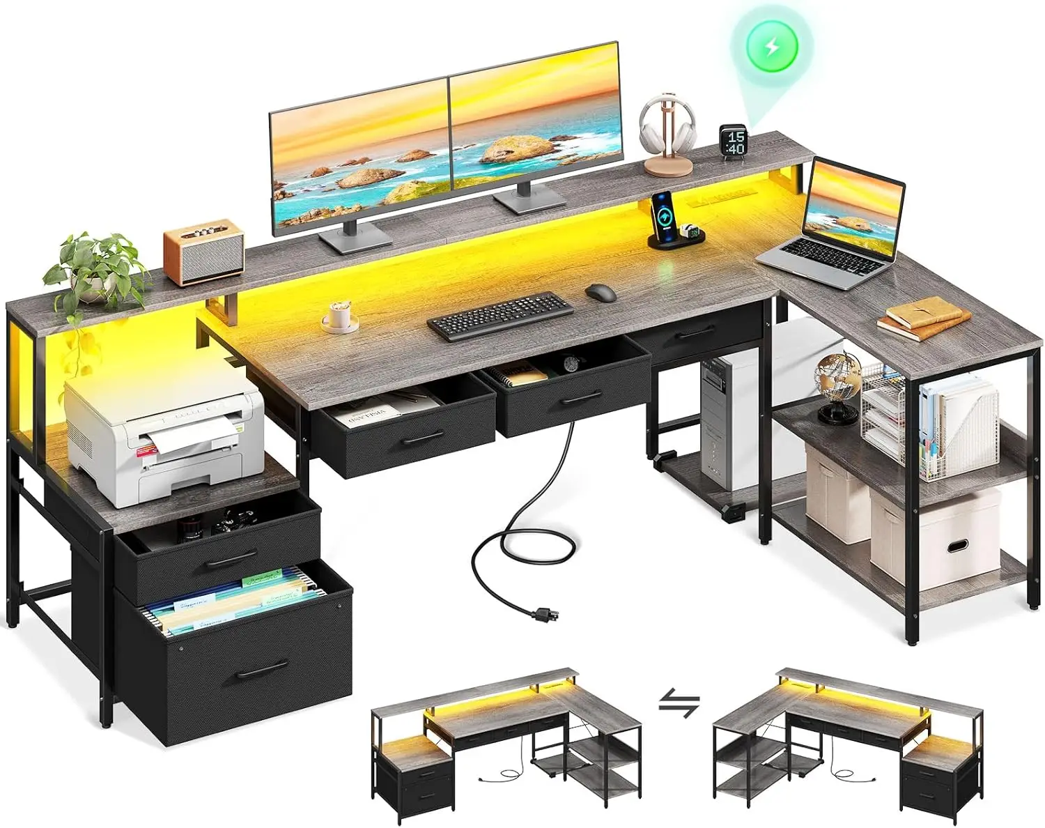 AODK L Shaped Desk with 5 File Drawers, 75" Reversible L Shaped Computer Desk with Power Outlet & LED Strip, Office Desk with