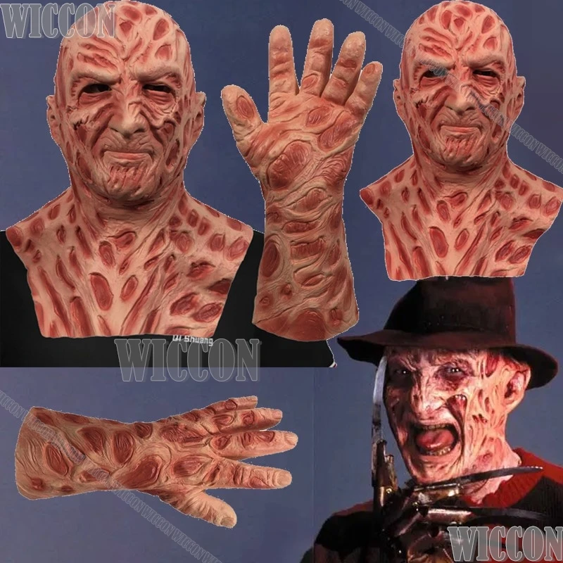 Gruselige Maske Freddy Krueger Film Nightmare Eelllm Street Cosplay Prop Mann Maske Handschuh Halloween Party Show Roleplay Schreckliches Set