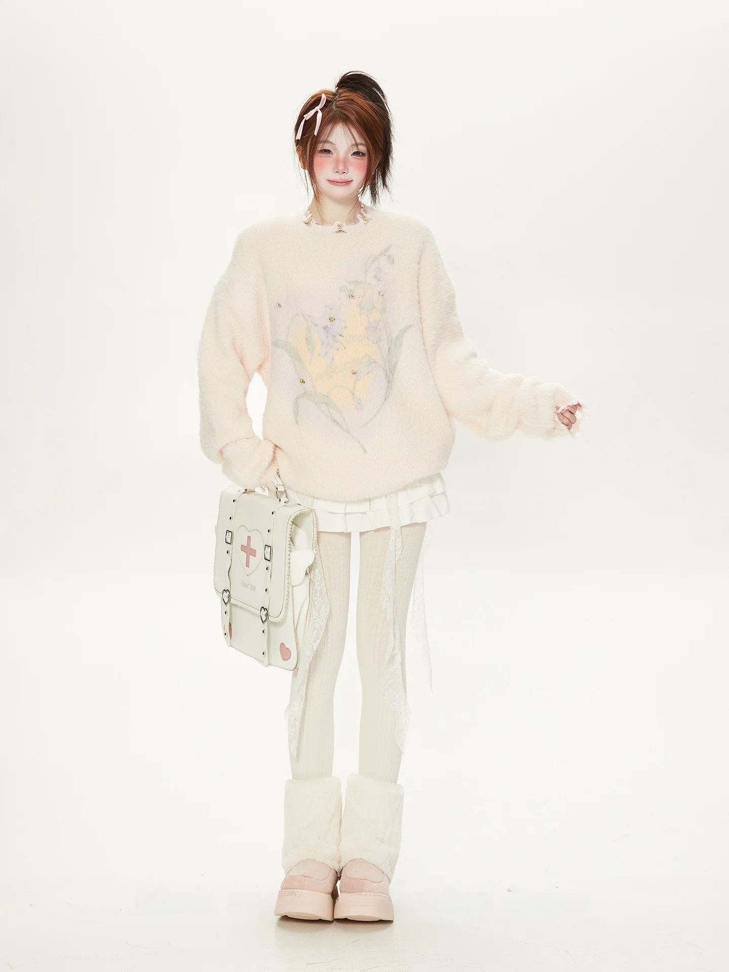 

Sweet Pink Floral Print off oulder Knitted Sweater Women's Autumn Winter Warm Soft Fur Simulation Torn Sweater