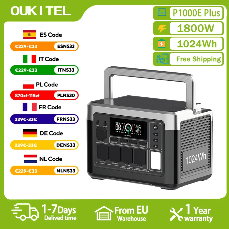 OUKITEL P1000E Plus Tragbare Powerstation 1800W Solar-Generator 1024Wh Lifepo4-Batterie für Notstromversorgung zu Hause, Outdoor-Camping, mobile Stromversorgung