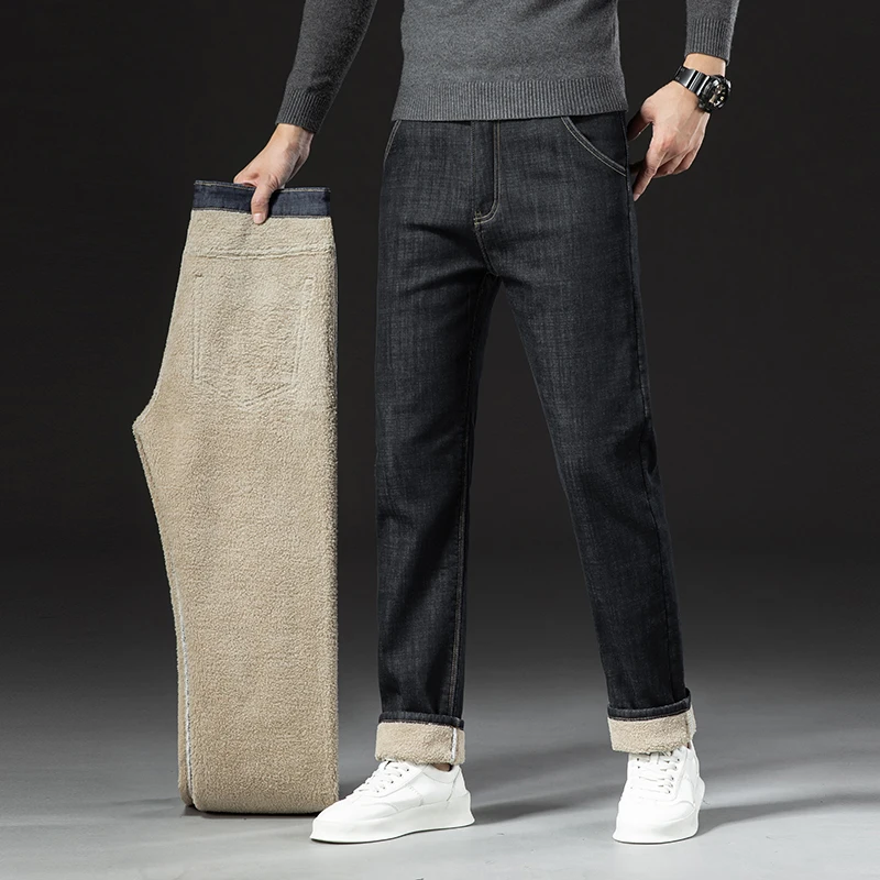 Klassieke heren business casual fluwelen jeans 2024 nieuwe winter Chinese borduurwerk rechte losse warme en comfortabele dikke broek