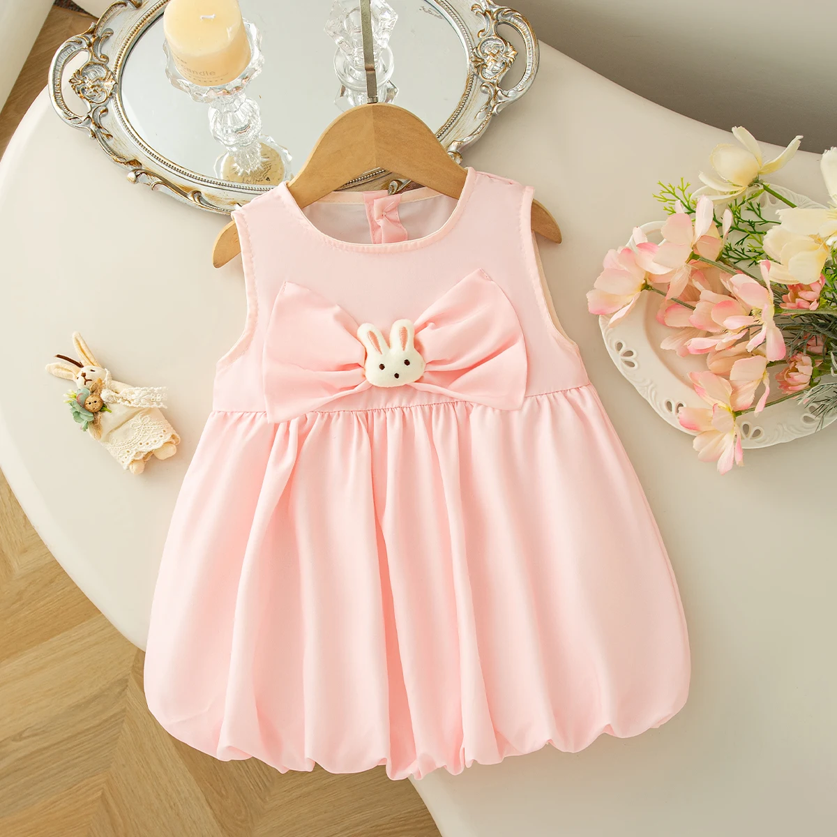 Rabbit Bow Baby Girl Dress Summer New Solid Color Children'S Clothing (6 Months -3 Years Old)