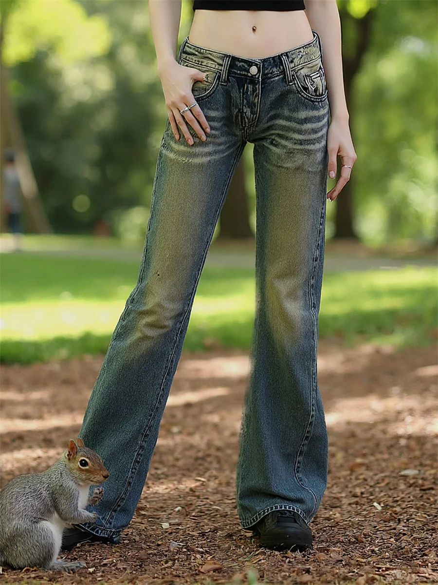 

Джинсы с низкой посадкой и расклешенным низом для девушек 20 лет, новый стиль, джинсовые брюки, женская одежда, летние, облегающие, в стиле Харадзюку, для скейтбординга, хип-хоп