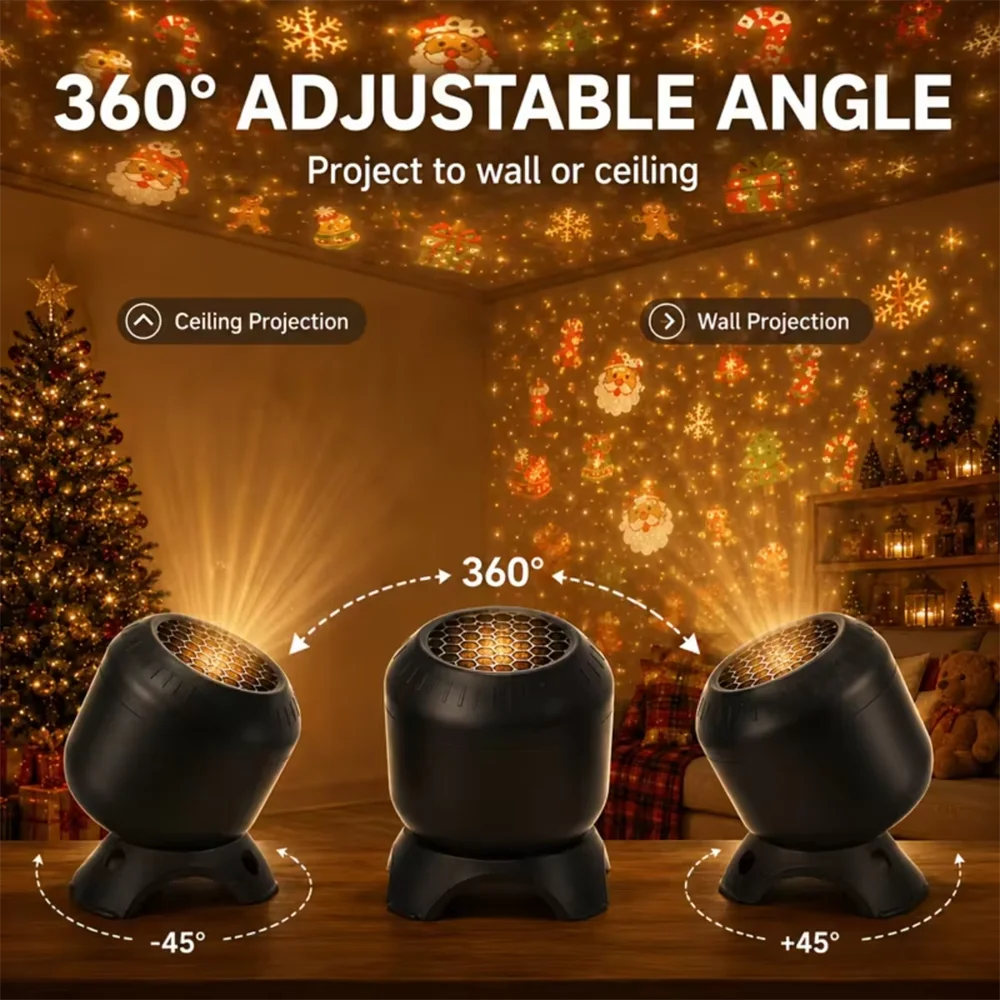 LED Christmas HD Projector USB Powered 8 Patterns 360° Rotating Dynamic Projector Night Light for Bedroom Holiday Party Decor