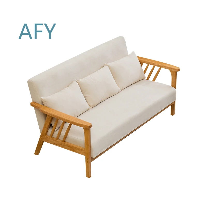 Ash Wood Cloud Fabric Sofa for Small Apartment Log Double Three Simple Wooden Rental Room Small Sofa for Japanese Style