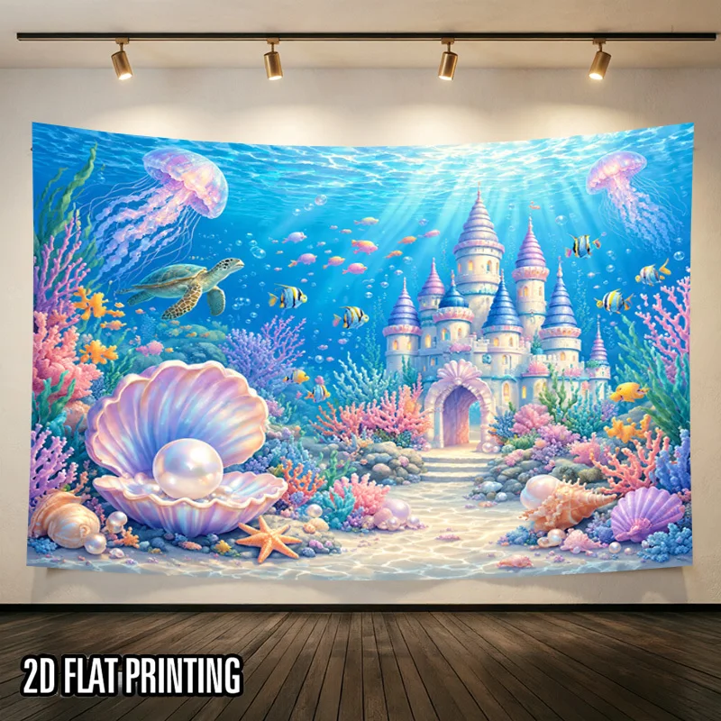 Fantasy Underwater Tapestry, Castle Coral Pearl Jellyfish Sea Wall Hanging for Dorm Bedroom Aesthetic Nature Home Decoration
