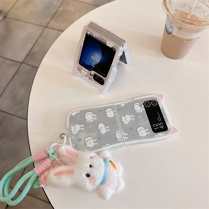 Funda de teléfono con cordón de conejo de felpa para Samsung Galaxy Z Flip 6 5 4 3, funda trasera protectora para ZFlip4 ZFlip5 ZFlip6