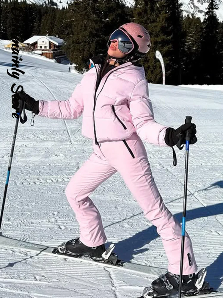 الوردي يندبروف ملابس التزلج السراويل 2 قطع مجموعات النساء مقنعين سستة معاطف جيب واسعة الساق بانت 2025 الشتاء سيدة الدافئة رياضية جديد