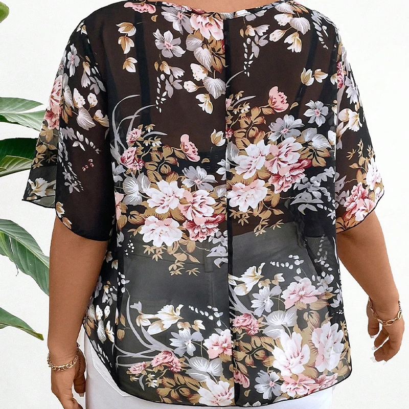 سترة شيفون بأكمام قصيرة ، غطاء مطبوع للحوم ، غاز أجنبي جديد ، مقاس كبير ، الصيف