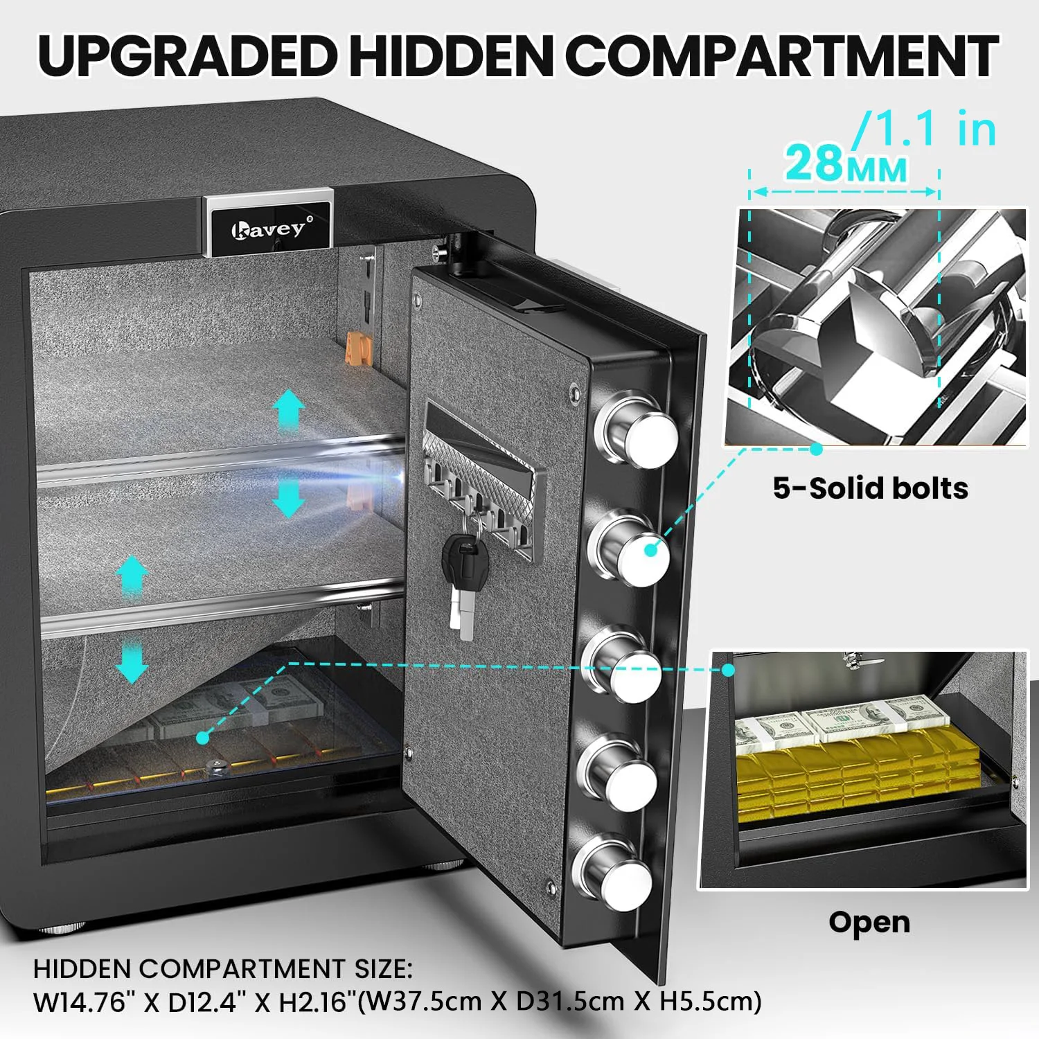 Caja de seguridad ignífuga, caja fuerte para dinero con compartimento oculto y pantalla táctil LCD, sistema de alarma dual y luz LED