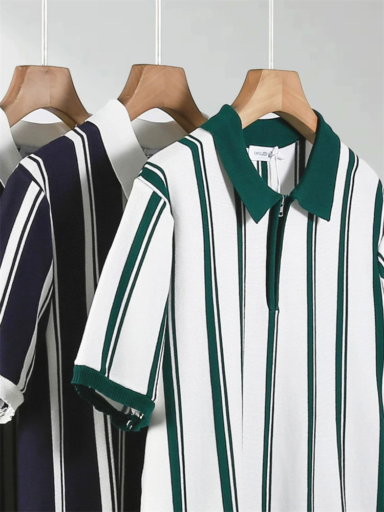 

Zipper Striped Knitted Polo Shirts For Men Short Sleeve Stretchy Summer Quality Viscose Polyester Casual Lapel Camisas De Hombre