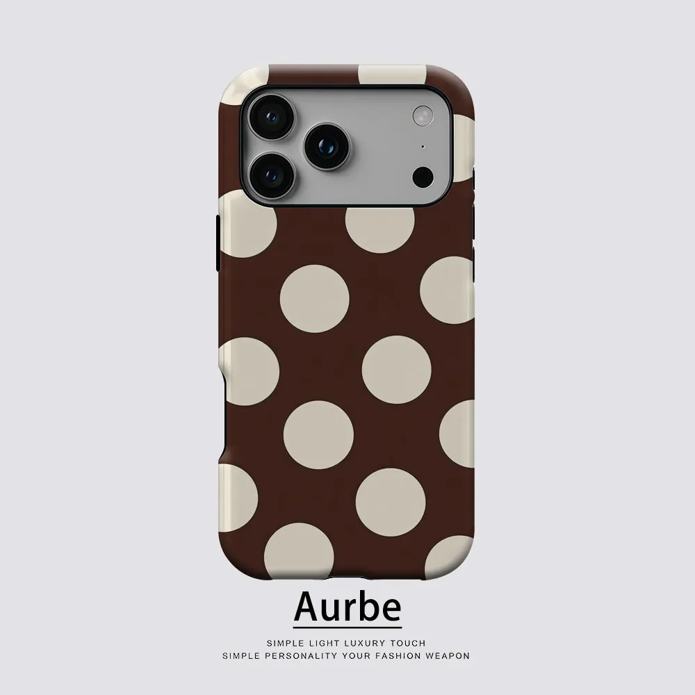 Aurbe Matte 2-in-1 Film Magsafe Hülle für iPhone 17 16 15 14 Plus 17 Pro Max Stoßfeste Hartschale Braun & Creme Polka Dots Hülle