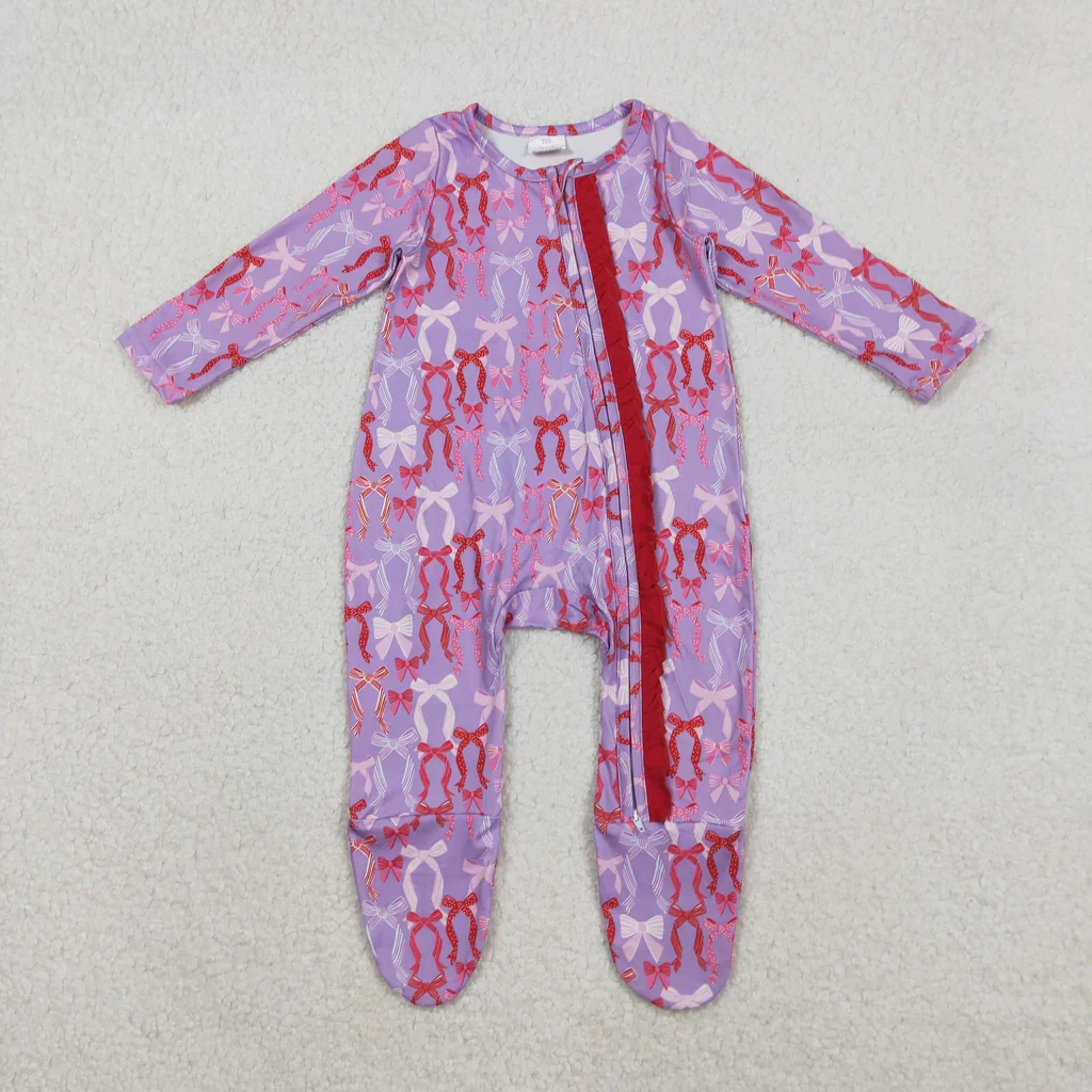 LR2610 Coquette Bows Purple Pink Baby Sleepers Baby Zipper Romper Sleepers