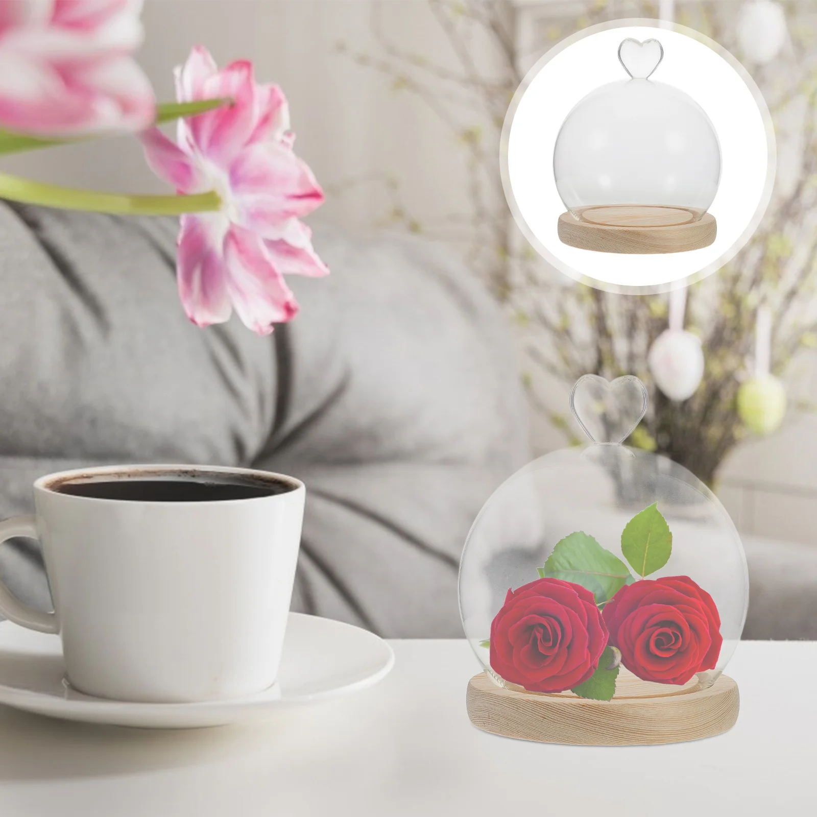 

1 Set Dome Cloche Clear Display Case For Diy Projects Sturdy Base Heart-Shaped Tabletop Decor Dry Flower Cover Glass Display