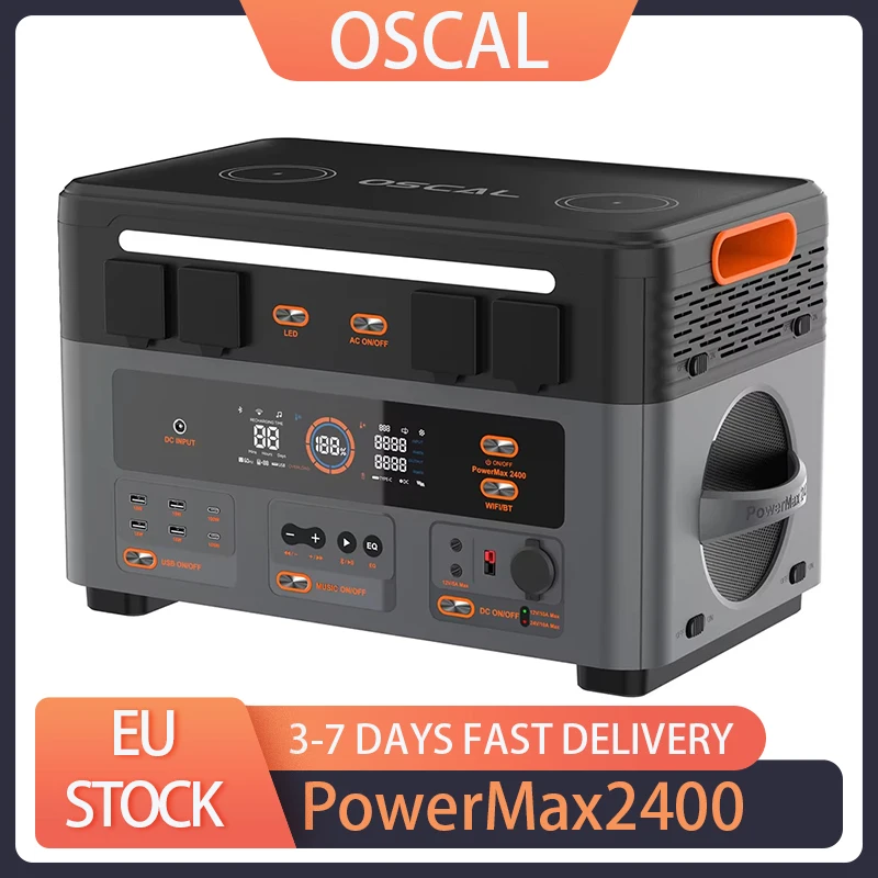 Oscal PowerMax2400 2400W 1872kWh Portable Power Station, Dual Speaker, 1.2h Fast Charging, App Control, LED Light, 16 Outputs