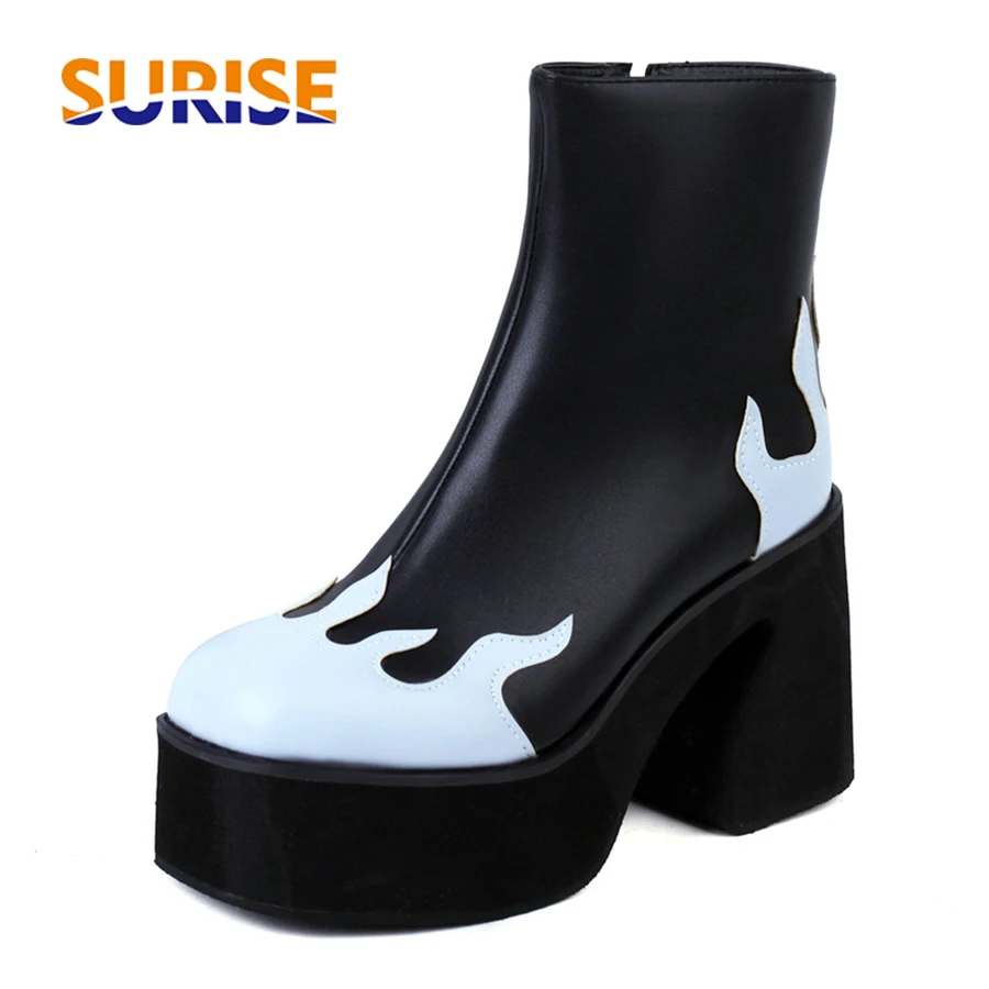 Pink Blue Flame Patchwork Winter Plush Women Platform Ankle Boots High Thick Heels Party Dress Lady Round Toe Zipper Short Boots