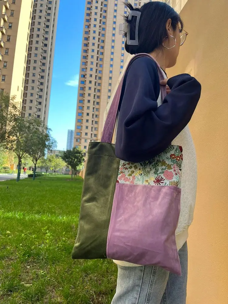 Flower Patchwork Velvet Vintage Casual Handbag Tote Bags Women Commute Shoulder Bag